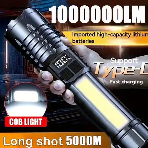 Super Bright COB LED Flashlight TYPE-C Rechargeable Zoomable