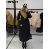 Wool Long Women Elegant Coat Fur Full Solid Faux Sleeve Lape