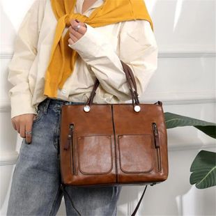 Europe America Retro Leather Handbag Shoulder Bag, Two Pocke