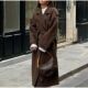 Long Faux Coat Elegant Wollen Belt Lapel Women Grey Double
