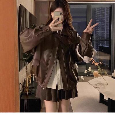 2025 New Meridian Brown Biker Leather Jacket Jacket Female S