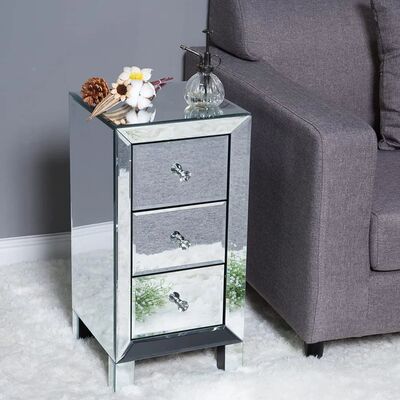 Mirrored Nightstand with 3-Drawers Silver Side End Table Set