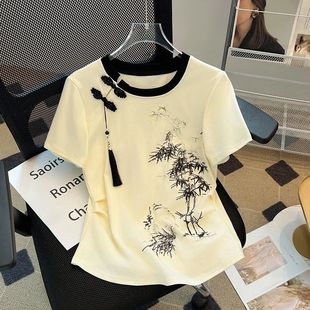 Cotton Chinese Style Women's T-shirt Summer Tees Short Sleev