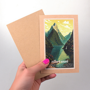 COLORMASH新版插画 新西兰旅行纪念明信片 米尔福德海峡 单面牛皮