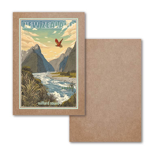COLORMASH原创插画 新西兰旅行纪念明信片 米尔福德海峡 单面牛皮