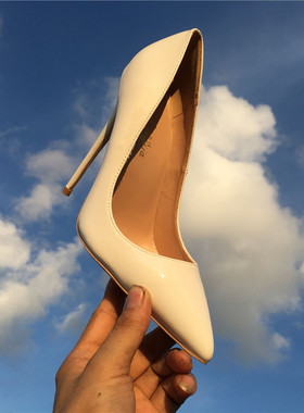 2020秋季新款白色漆皮高跟鞋女细跟10CM性感尖头浅口百搭软皮单鞋