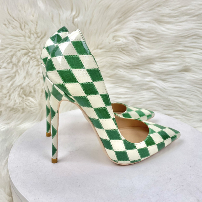 2022年秋季新款格子漆皮高跟鞋女细跟10CM尖头浅口单鞋软皮工作鞋