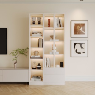 带玻璃门家用落地书柜客厅定制靠墙展示柜储物柜一体防尘书柜