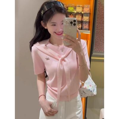 韩系黄色刺绣短袖正肩t恤女夏季设计感独特别致短款修身小众上衣
