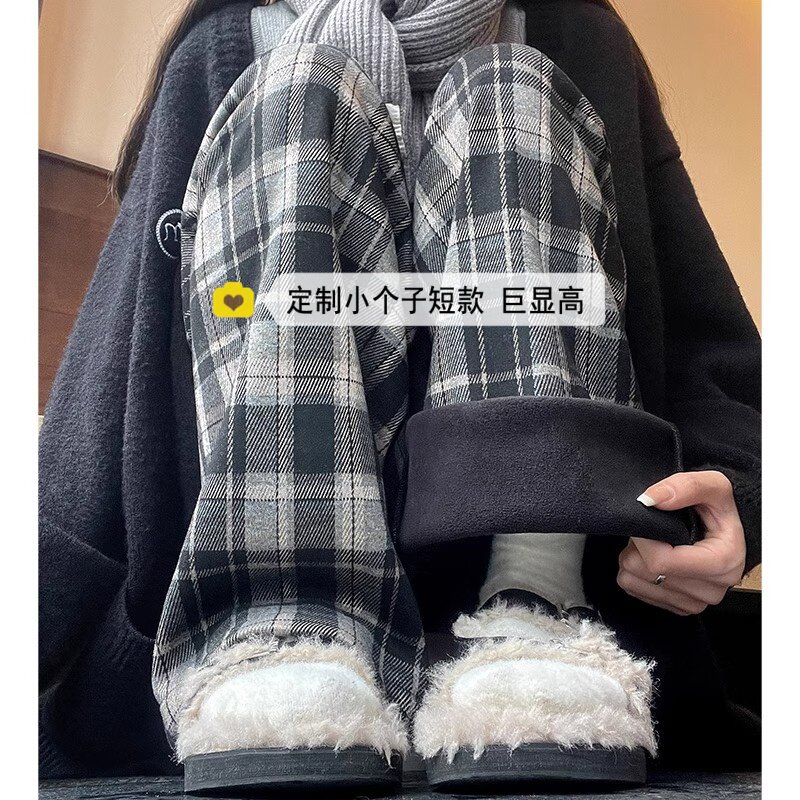 150小个子复古九分格子阔腿裤休闲裤