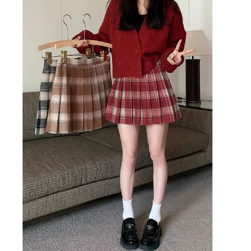 过年红色毛呢百褶裙JK制服裙子半身裙韩版短裙秋冬带安全裤+拉链