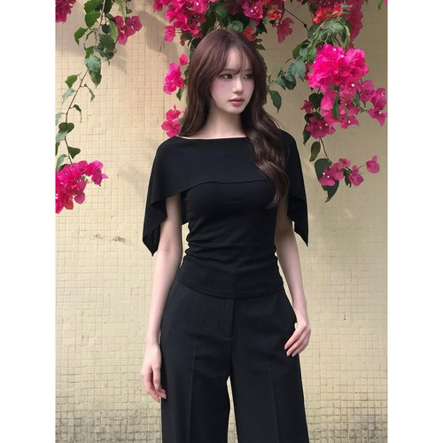 260克随心裁人棉韩系黑色拼接斗篷短袖t恤女夏季绝美修身短款上衣