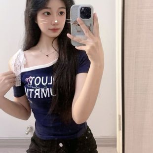短款 92%棉8%氨纶 T恤女夏辣妹纯欲修身 美式 上衣 复古斜肩蕾丝短袖