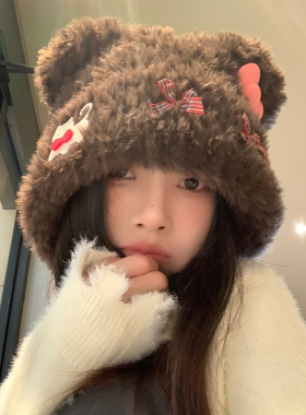 山吉小熊耳朵猫咪蝴蝶结毛绒帽