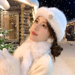 日本冬日兔毛雪花小礼帽子女款2025新款秋冬款富贵千金气质渔夫帽