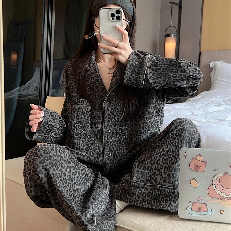 日本豹纹德绒睡衣女秋冬季2025新款宽松阔腿高个子时尚家居服套装