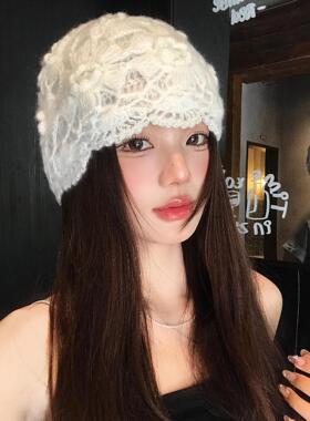 山吉手工钩花镂空包头帽女秋冬