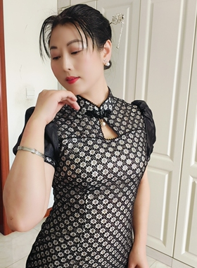 88335新款中国风的改良旗袍泡泡袖修身显瘦性感镂空蕾丝古典礼服