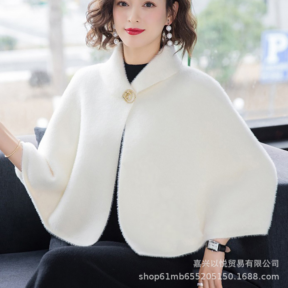 春秋纯色仿水貂绒毛衣外套女短款翻领百搭配旗袍裙子斗篷披肩开衫