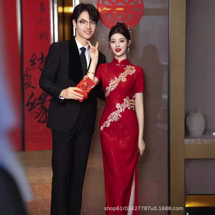 春季 新娘长款 订婚出阁宴礼服裙 红色结婚旗袍敬酒服2025新款 新中式