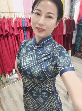 MLL8032蓝色格子九连扣古典修身版手工盘扣长款款边显瘦旗袍裙子