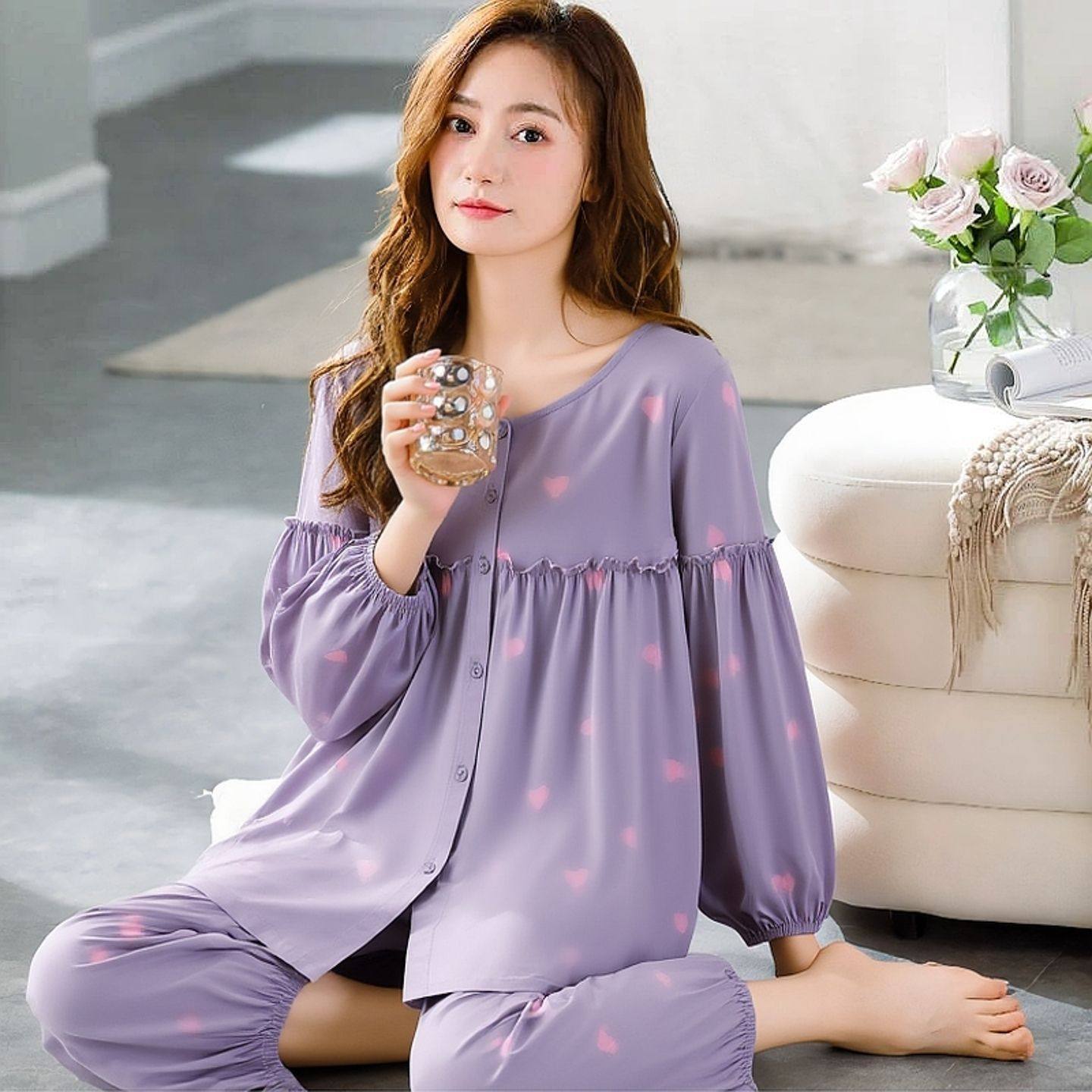 新款可爱公主风圆领开衫纯棉睡衣女士春秋季薄款简约高级感家居服