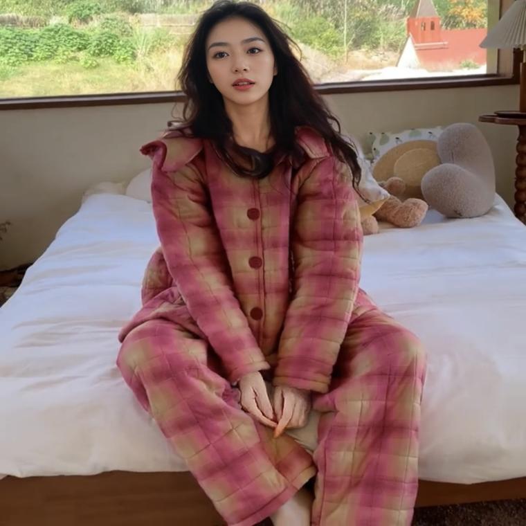 睡衣女士秋冬季新款加厚加绒夹棉袄冬天保暖格子家居服可外穿套装