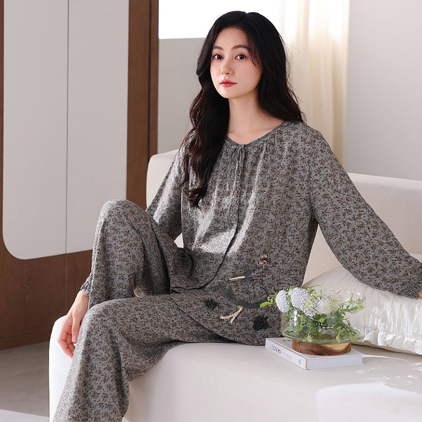 春秋季新款纯棉睡衣女士田园风碎花长袖长裤开衫家居服套装可外穿
