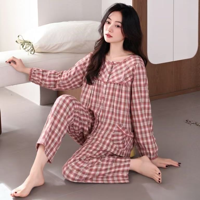 春秋季新款圆领格子开衫纯棉长袖长裤睡衣女士秋天家居服可外穿