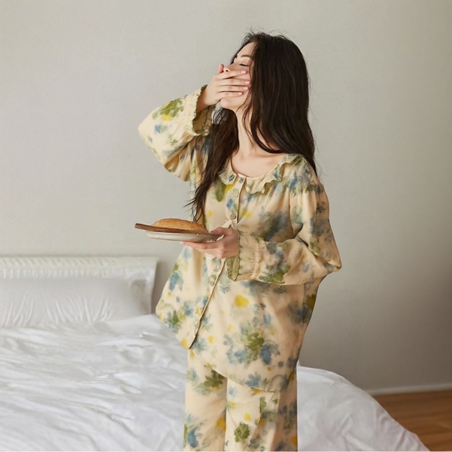 简约高级感纯棉长袖睡衣女春秋新款油画花朵法式复古家居服可外穿