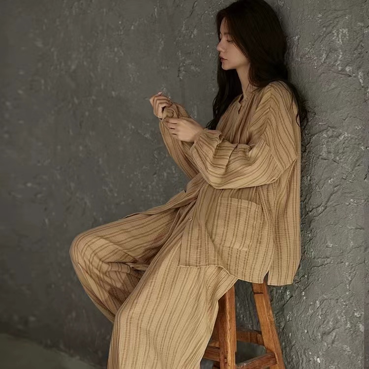 新款睡衣女春秋季纯棉纱布套装秋天简约可外穿时尚显瘦家居服