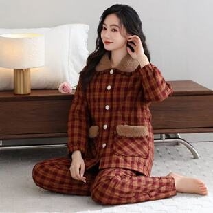 新款睡衣女士秋冬纯棉夹棉加绒加厚保暖冬天大码家居服套装可外穿