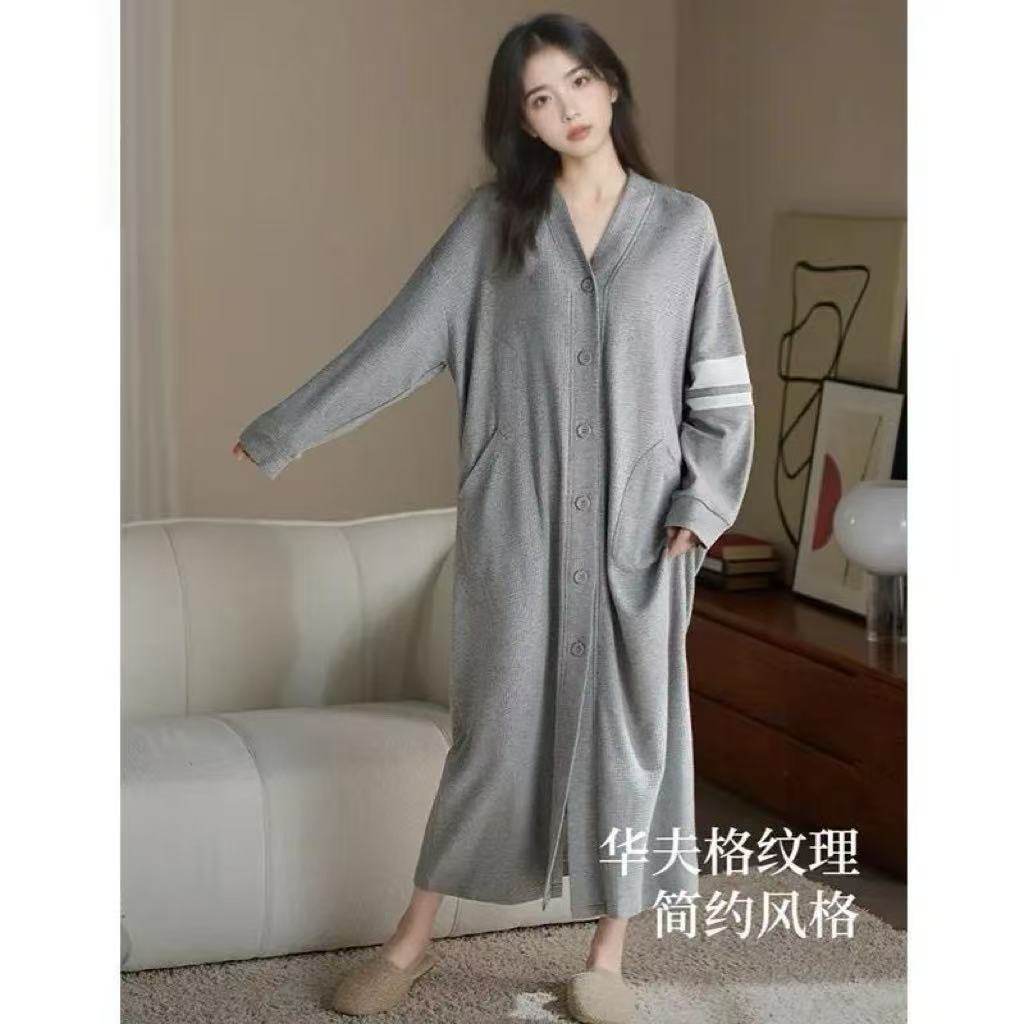 睡袍女春秋纯棉长袖睡衣休闲慵懒风睡裙大码浴袍秋冬家居服可外穿