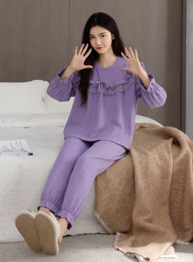 新款紫色海岛绒加绒加厚法式花边长袖睡衣女士冬天保暖厚款家居服
