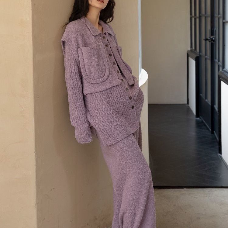 加厚加绒新款紫色三件套睡衣女秋冬季保暖半边绒家居服套装可外穿