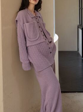 加厚加绒新款紫色三件套睡衣女秋冬季保暖半边绒家居服套装可外穿