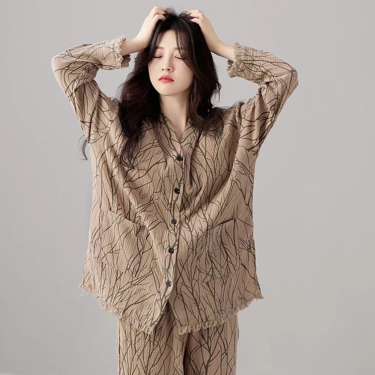 100%纯棉纱睡衣女薄款新款复古国风条纹长袖家居服流苏边套装