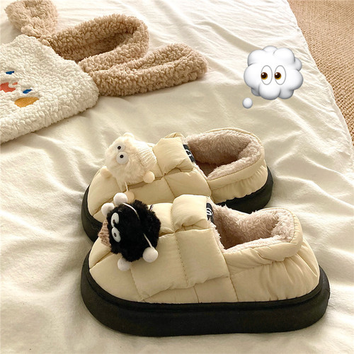 趣味小煤球~！暖绒绒包跟保暖棉鞋女冬季ins厚底外穿加绒毛毛拖鞋