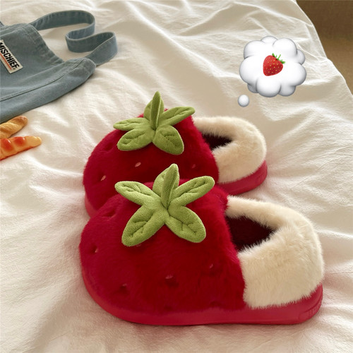 草莓圣诞~！显白ins包跟棉鞋女保暖加绒冬季厚底居家毛毛棉拖鞋潮
