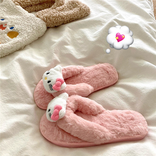 甜心KT猫~！少女心居家室内人字毛毛拖鞋女ins外穿冬季保暖棉拖鞋