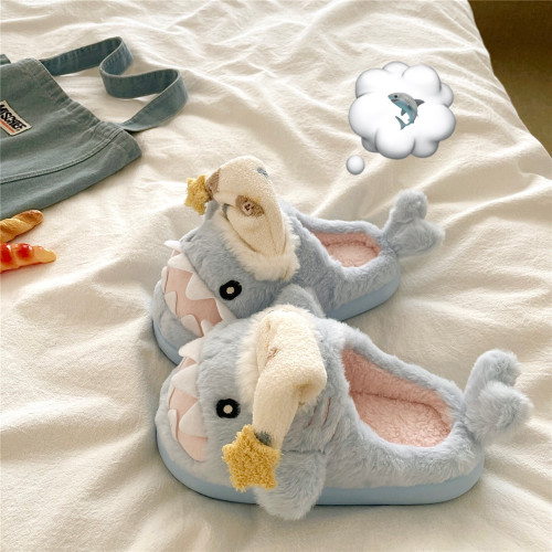 冬眠睡帽大鲸鱼~！ins厚底卡通冬季毛毛拖鞋女居家保暖加绒棉拖鞋