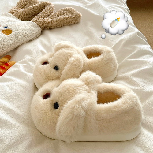 乖巧懂事~！小熊包跟加厚保暖棉鞋女冬季厚底加绒居家毛毛棉拖鞋