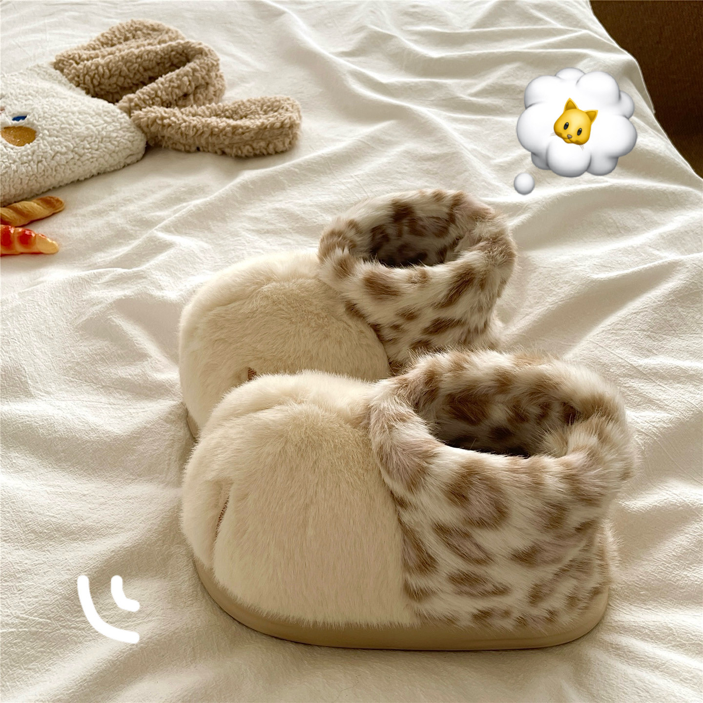 豹纹猫爪爪~！巨可爱ins包跟毛毛棉拖鞋女保暖外穿厚底防滑雪地靴