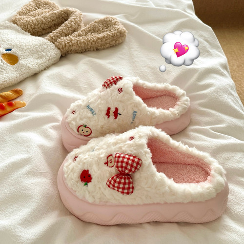 甜心小苹果~！可爱蝴蝶结ins温柔居家棉拖鞋女加绒保暖毛毛拖鞋潮