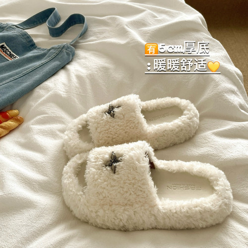 5cm敲好穿~！毛茸茸ins增高厚底毛毛拖鞋女冬季加绒保暖棉拖鞋潮