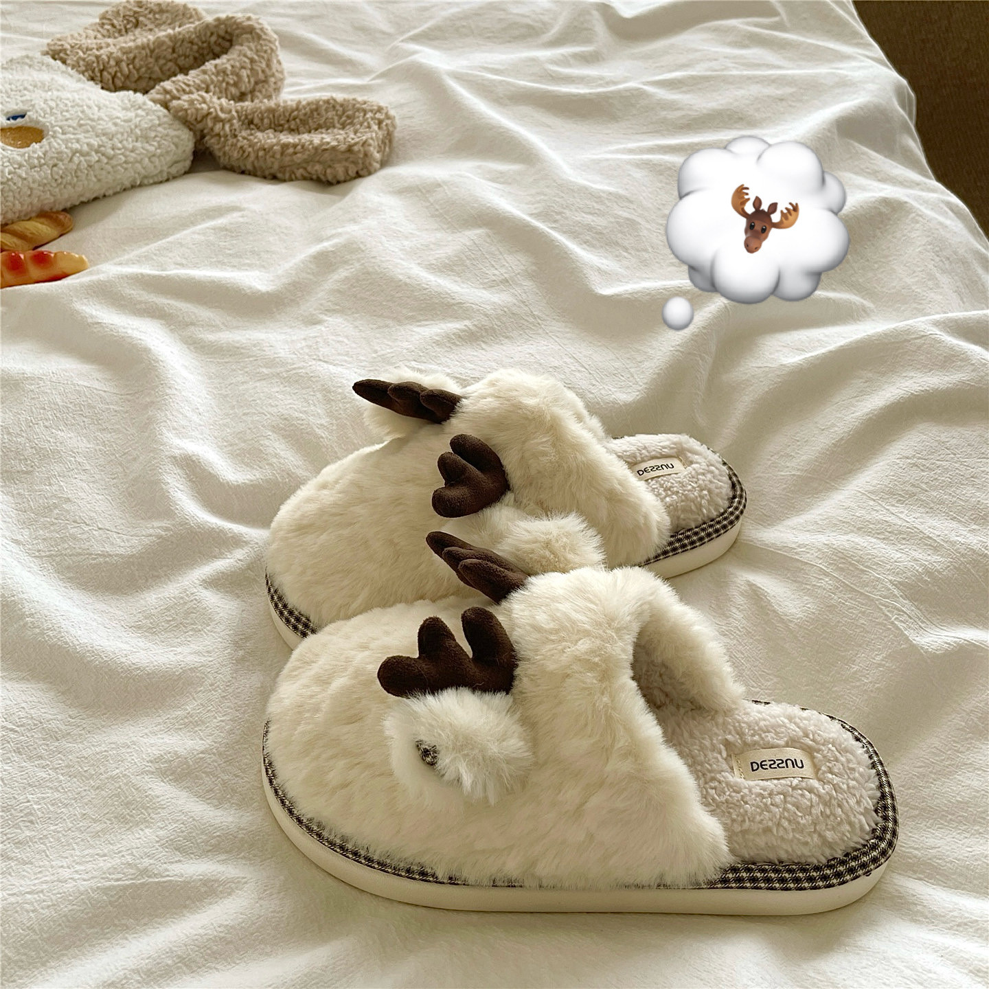 信使麋鹿~！鹿儿朵ins加厚保暖棉拖鞋女居家室内加绒防滑毛毛拖鞋,女鞋,毛毛鞋,淘宝优惠券,粉丝福利购,淘宝优惠卷