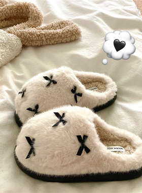 奶油泡芙~！巨厚实INS蝴蝶结少女心居家保暖毛毛拖鞋冬季棉拖鞋女