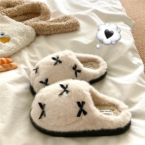 奶油泡芙~！巨厚实INS蝴蝶结少女心居家保暖毛毛拖鞋冬季棉拖鞋女