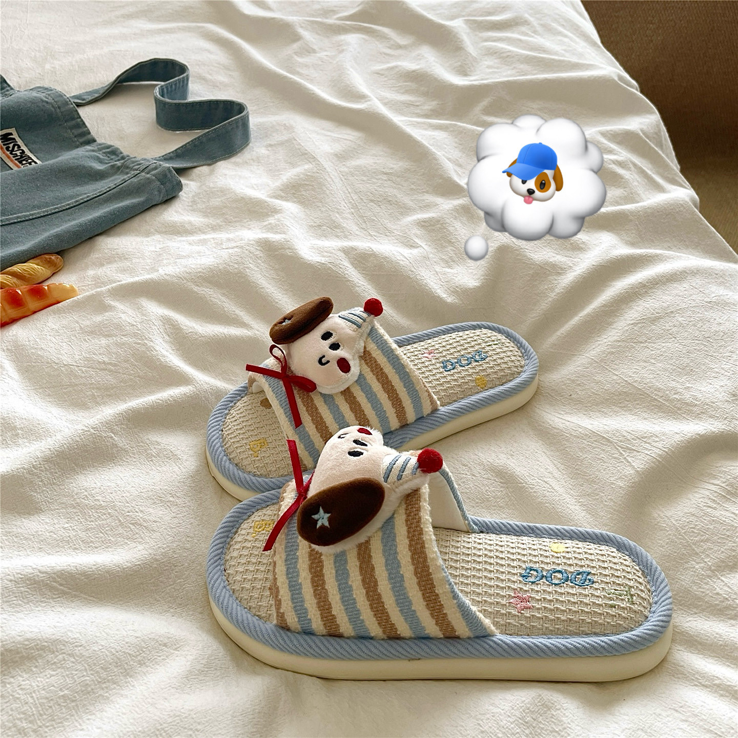 圣诞小狗~！透气ins亚麻可爱居家室内凉拖鞋女排汗四季地板一字拖