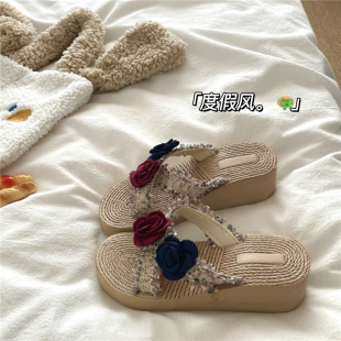 海岛玫瑰~！草编温柔ins外穿拖鞋女夏季透气度假风慵懒厚底拖鞋潮